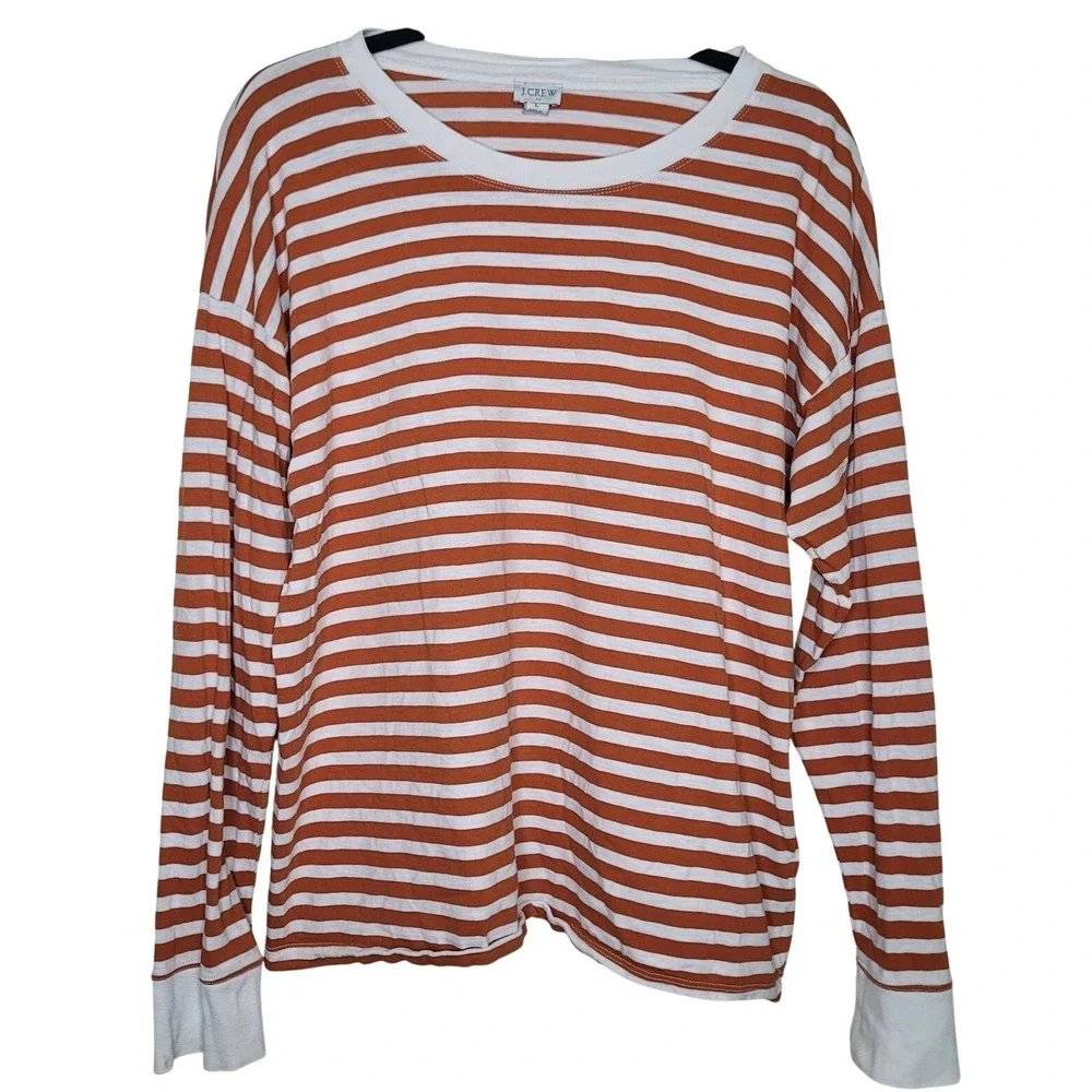 J Crew Long Sleeve Tee Orange White Tee Women's Size L‎ Nautical Striped